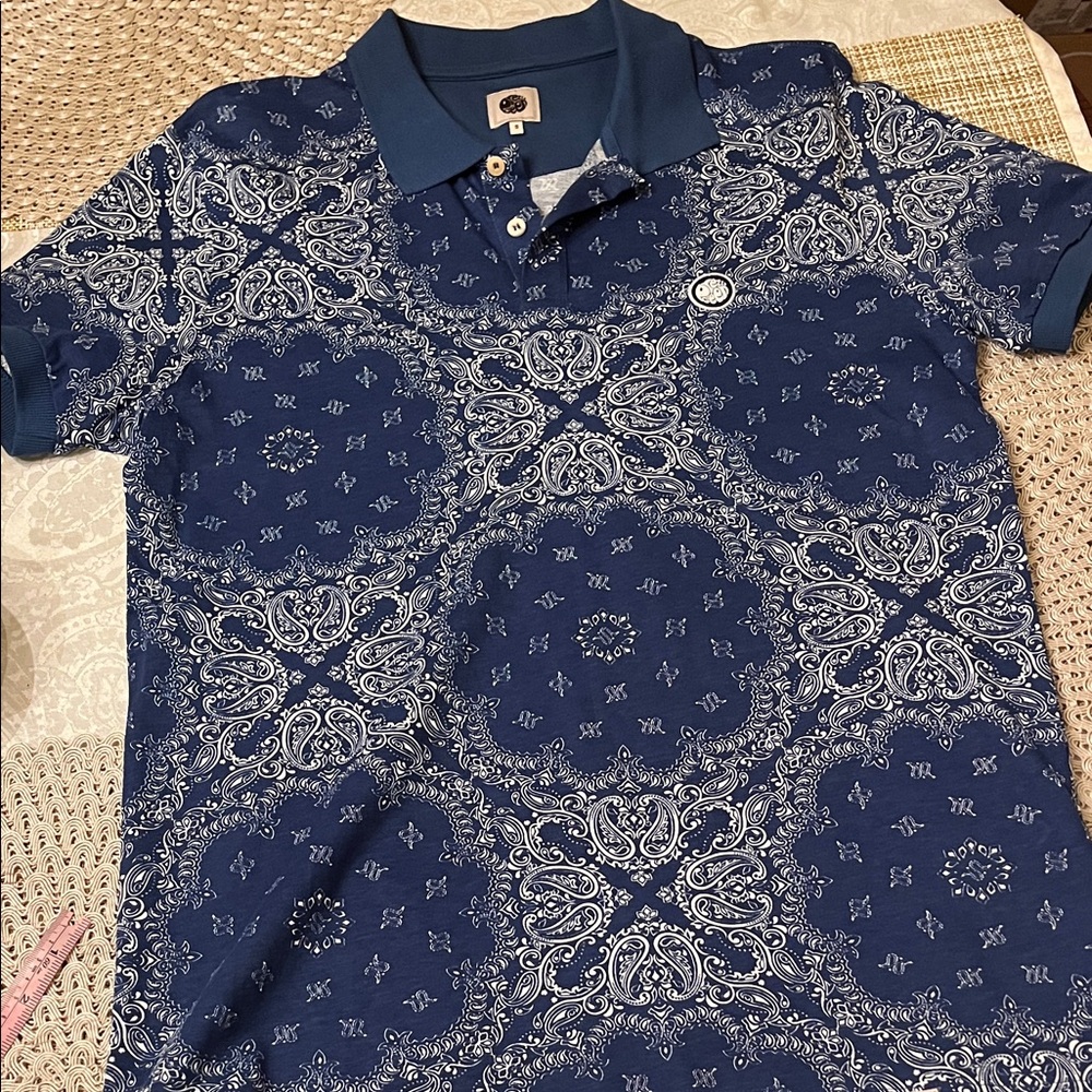 Pretty Good Navy and White Bandana Patterned Polo Small in EUC